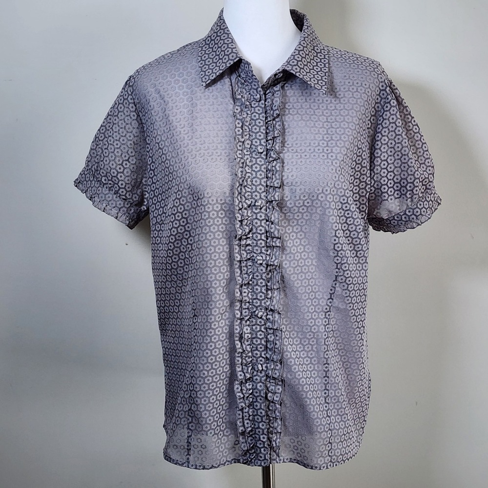 Ruffle Front Sheer Blouse Womens Medium Gray Whimsigoth Cottagecore Fairy Light